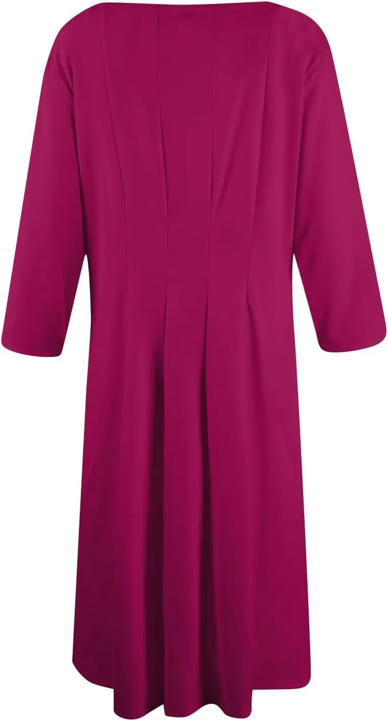 Womens Spring Dresses Crew Neck 3/4 Sleeve Beach Dress Solid Plain A Line Dress Summer Midi Flowy Dresses with Pocket