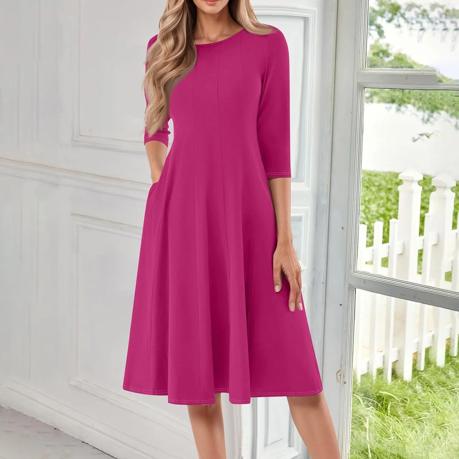 Womens Spring Dresses Crew Neck 3/4 Sleeve Beach Dress Solid Plain A Line Dress Summer Midi Flowy Dresses with Pocket