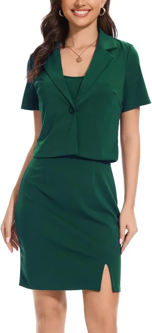 Women's Suits 2 Piece Dress Sets Business 2025 Work Office Retro Fashion Short Sleeve Jacket Mini Dress and Blazer Set