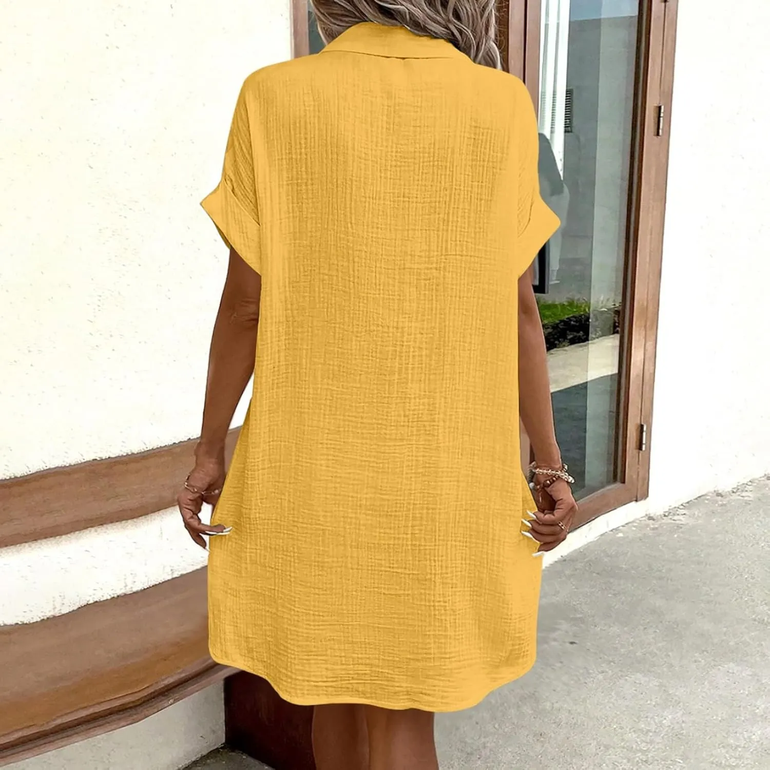 Womens Summer Button Down Shirt Dress Short Cap Sleeve Mini Dresses Loose Fit Casual Sundress with Pockets