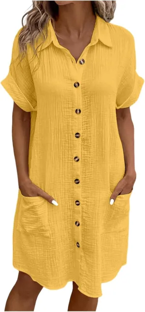 Womens Summer Button Down Shirt Dress Short Cap Sleeve Mini Dresses Loose Fit Casual Sundress with Pockets