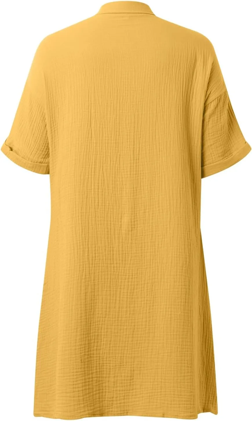 Womens Summer Button Down Shirt Dress Short Cap Sleeve Mini Dresses Loose Fit Casual Sundress with Pockets