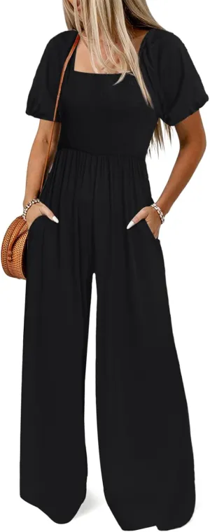 Women's Summer Casual Jumpsuits One Piece Outfits Square Neck Short Sleeve Wide Leg Rompers with Pockets
