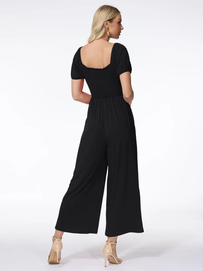 Women's Summer Casual Jumpsuits One Piece Outfits Square Neck Short Sleeve Wide Leg Rompers with Pockets