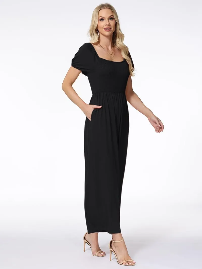 Women's Summer Casual Jumpsuits One Piece Outfits Square Neck Short Sleeve Wide Leg Rompers with Pockets