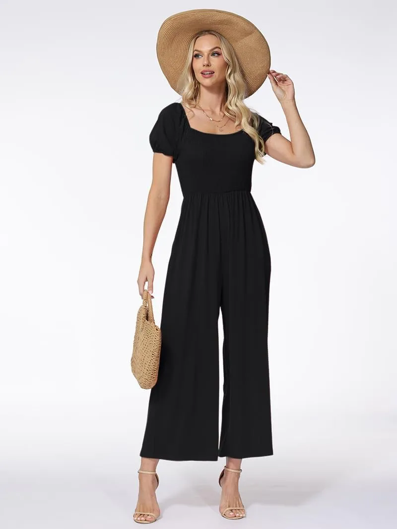 Women's Summer Casual Jumpsuits One Piece Outfits Square Neck Short Sleeve Wide Leg Rompers with Pockets