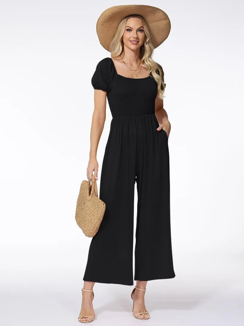 Women's Summer Casual Jumpsuits One Piece Outfits Square Neck Short Sleeve Wide Leg Rompers with Pockets