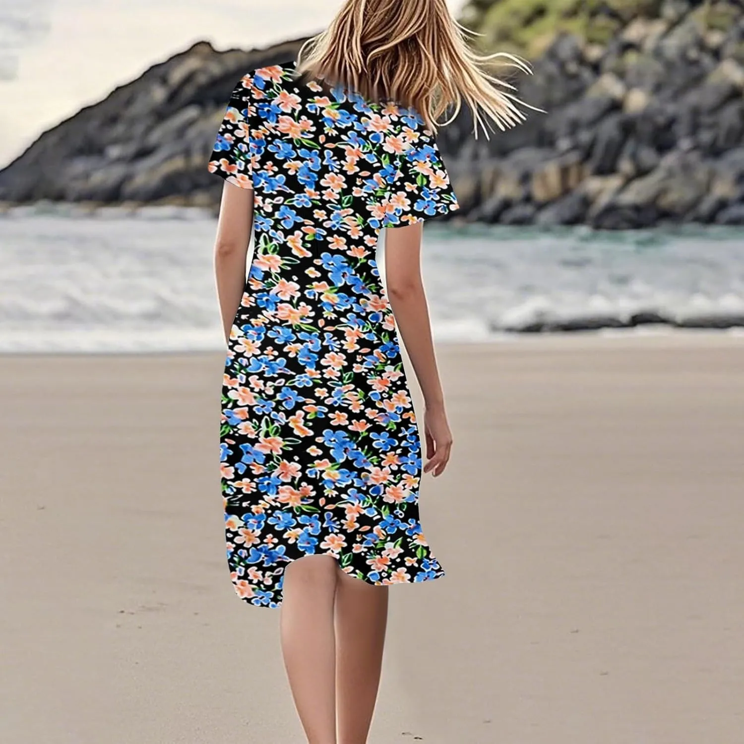 Women's Summer Dresses 2025 Short Sleeve Casual Midi Dresses V-Neck Floral Beach Vacation Party Dress