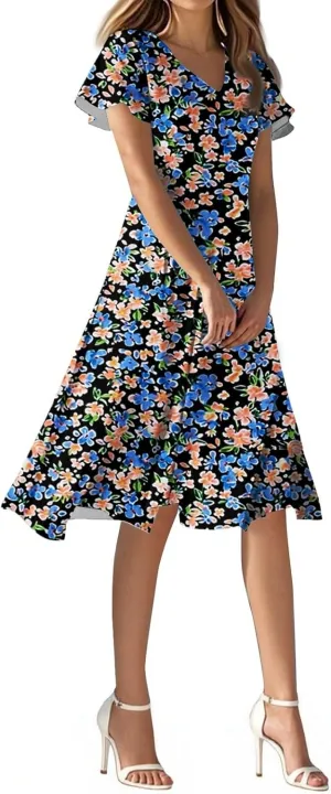 Women's Summer Dresses 2025 Short Sleeve Casual Midi Dresses V-Neck Floral Beach Vacation Party Dress