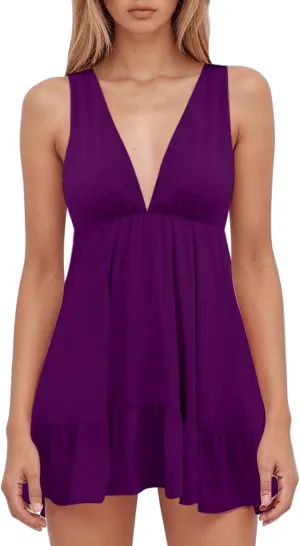 Womens Summer Mini Dress Loose Ruffle Deep V-Neck Sleeveless Backless Strap Pleated Short Tank Casual Sundress
