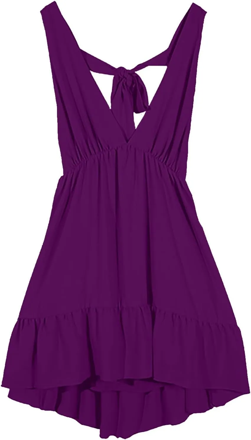Womens Summer Mini Dress Loose Ruffle Deep V-Neck Sleeveless Backless Strap Pleated Short Tank Casual Sundress