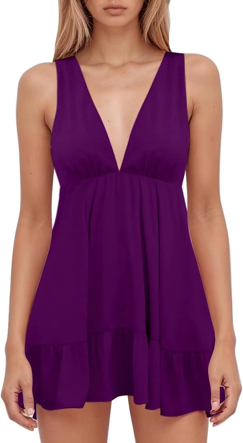 Womens Summer Mini Dress Loose Ruffle Deep V-Neck Sleeveless Backless Strap Pleated Short Tank Casual Sundress