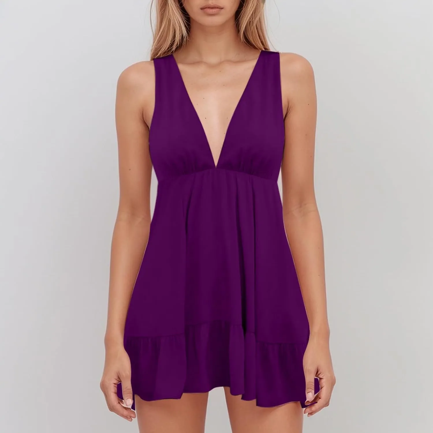 Womens Summer Mini Dress Loose Ruffle Deep V-Neck Sleeveless Backless Strap Pleated Short Tank Casual Sundress