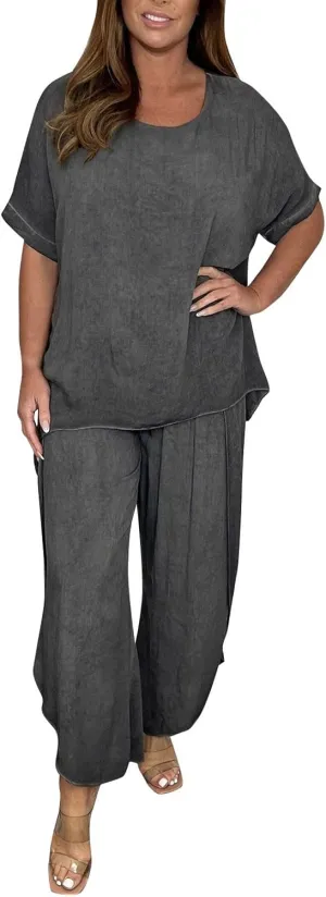 Womens Summer Outfits Cotton Linen 2 Piece Sets Short Sleeve Loose High Low T Shirt Ruffled Wide Leg Capri Pants Suit