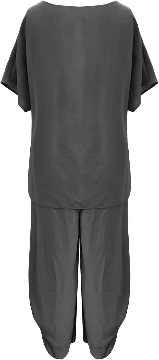 Womens Summer Outfits Cotton Linen 2 Piece Sets Short Sleeve Loose High Low T Shirt Ruffled Wide Leg Capri Pants Suit