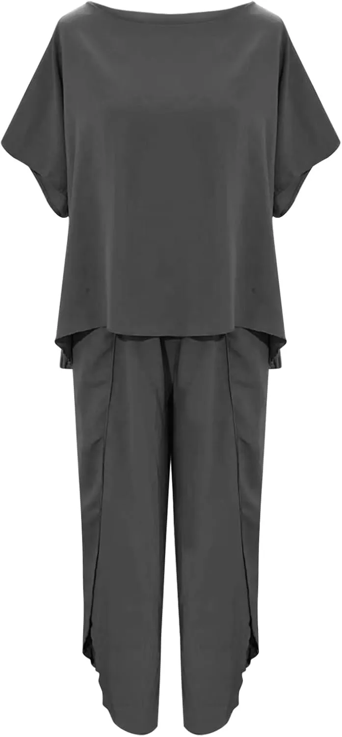 Womens Summer Outfits Cotton Linen 2 Piece Sets Short Sleeve Loose High Low T Shirt Ruffled Wide Leg Capri Pants Suit