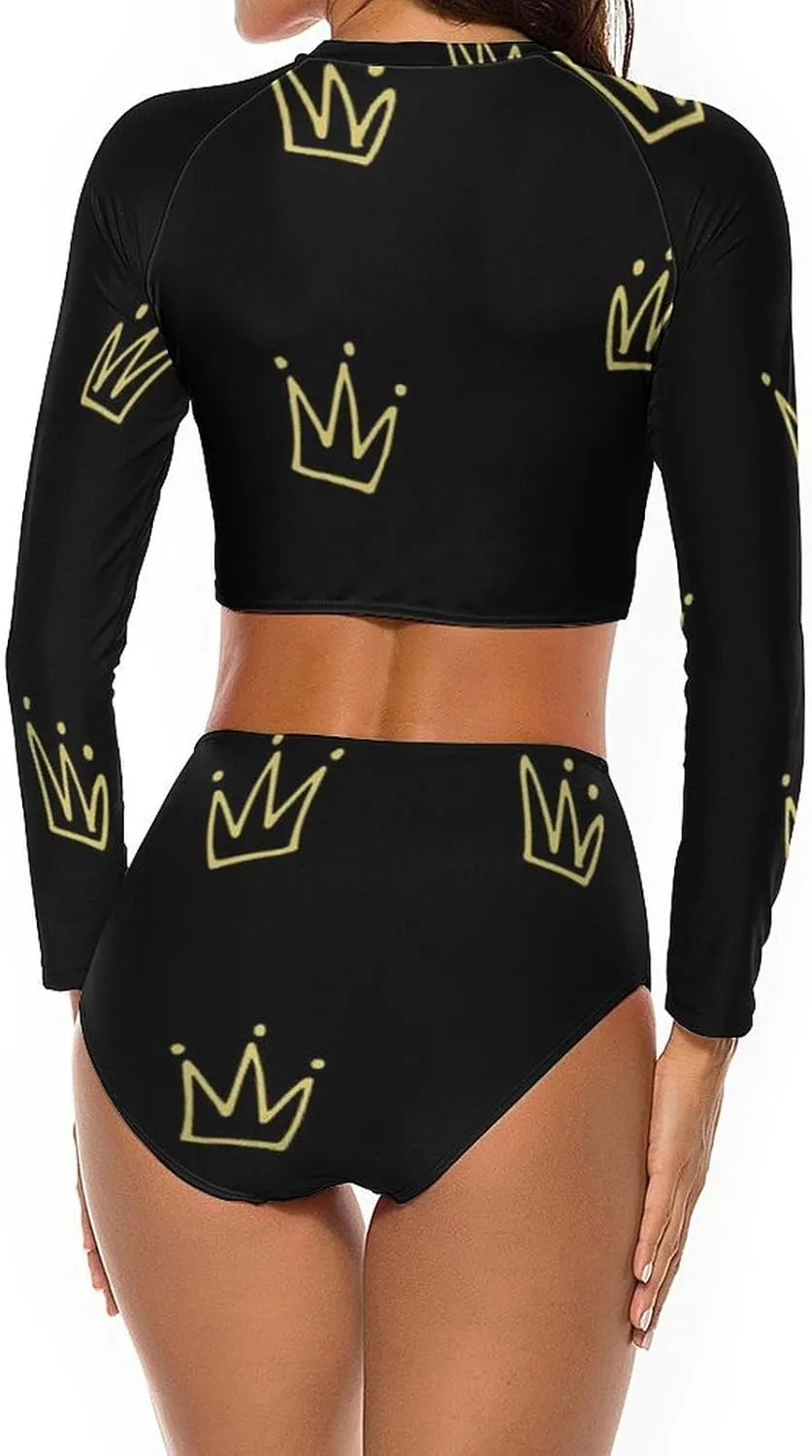 Women's Two Piece Rash Guard Long Sleeve Swim Shirt Built in Bra Bathing Suit with Bottoms