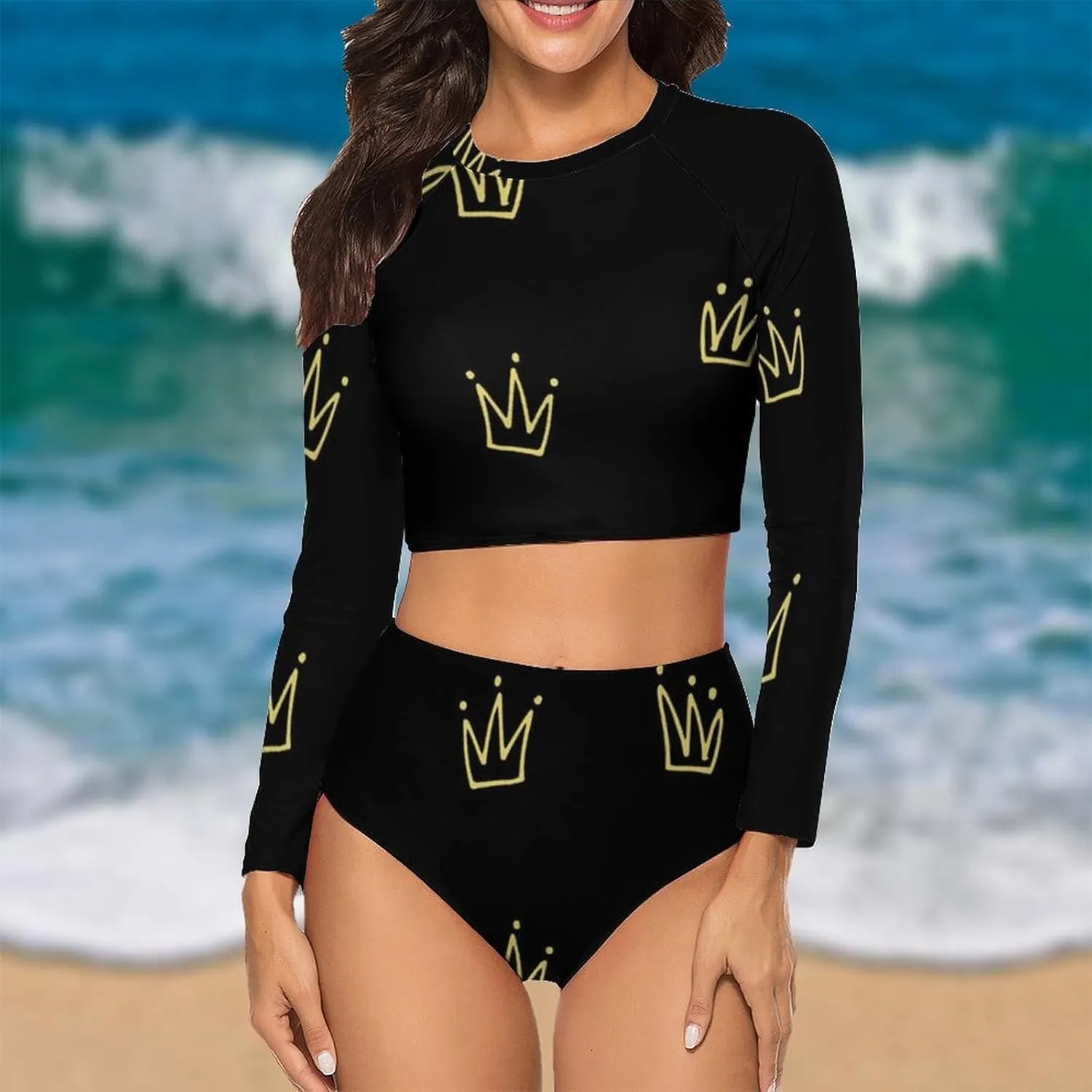 Women's Two Piece Rash Guard Long Sleeve Swim Shirt Built in Bra Bathing Suit with Bottoms