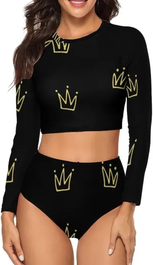 Women's Two Piece Rash Guard Long Sleeve Swim Shirt Built in Bra Bathing Suit with Bottoms