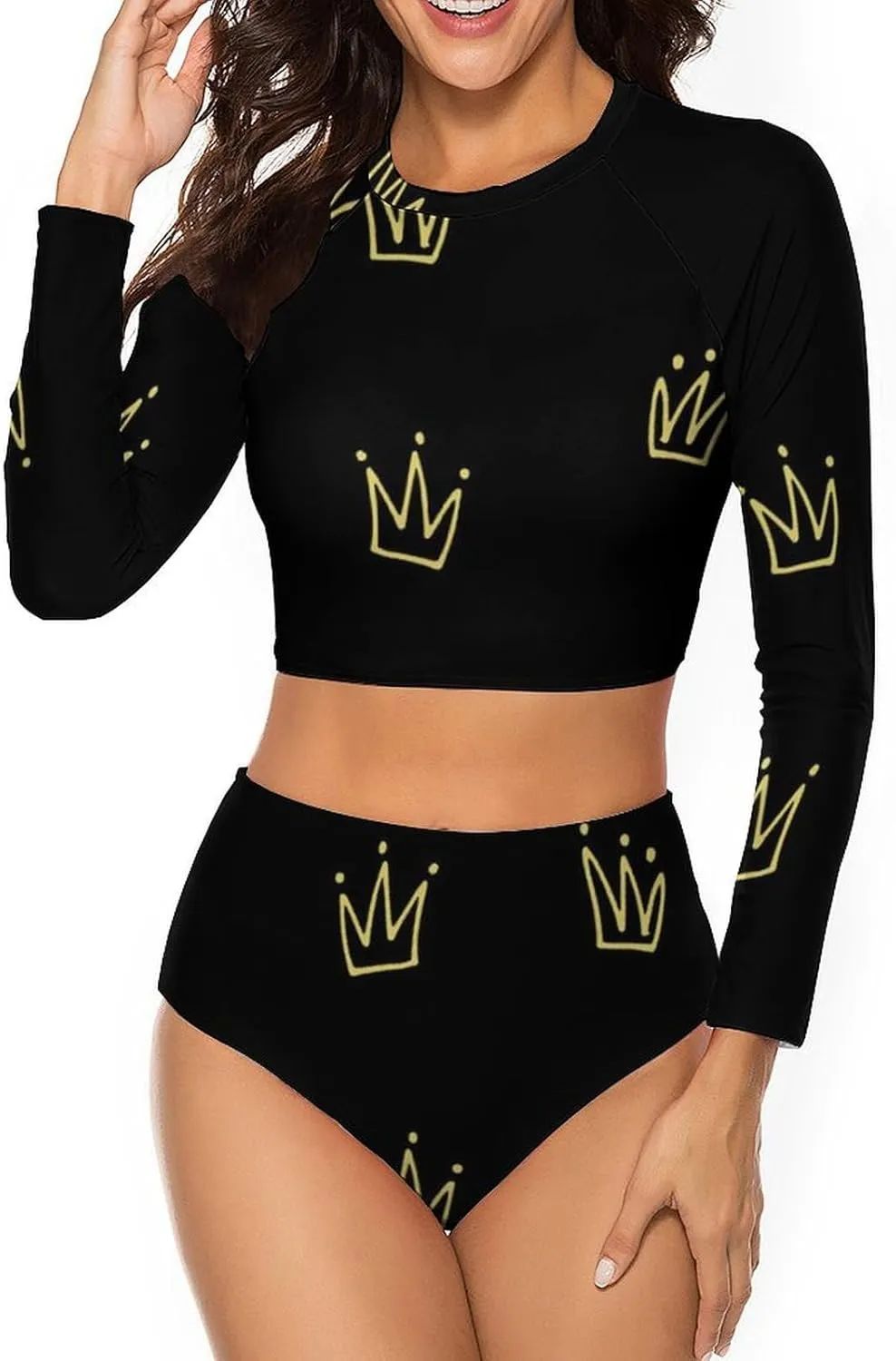 Women's Two Piece Rash Guard Long Sleeve Swim Shirt Built in Bra Bathing Suit with Bottoms