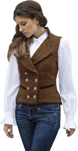 Women's Vest Herringbone Tweed Formal Double Breasted Dressy Waistcoat Sleeveless Jacket