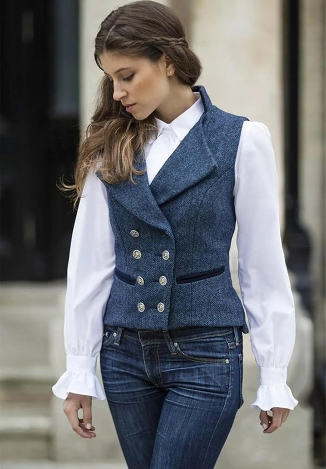 Women's Vest Herringbone Tweed Formal Double Breasted Dressy Waistcoat Sleeveless Jacket