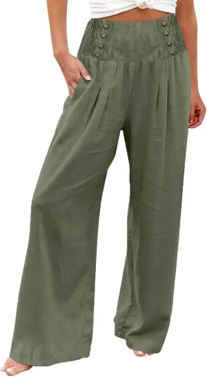 Womens Wide Leg Linen Pants High Waist Summer Casual Baggy Lounge Slacks Lightweight Beach Boho Trousers with Pockets