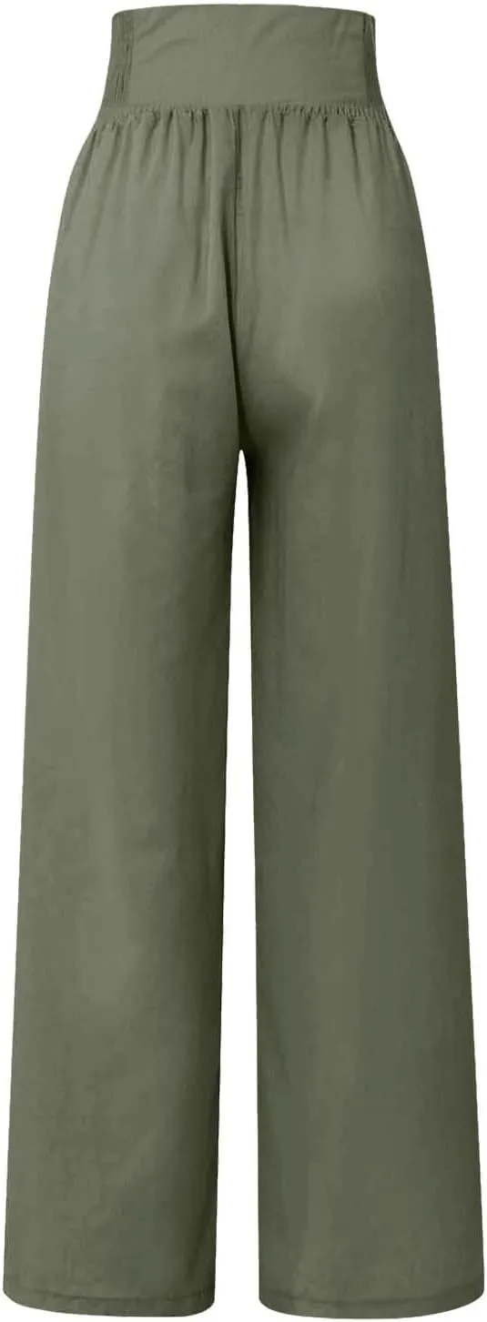 Womens Wide Leg Linen Pants High Waist Summer Casual Baggy Lounge Slacks Lightweight Beach Boho Trousers with Pockets