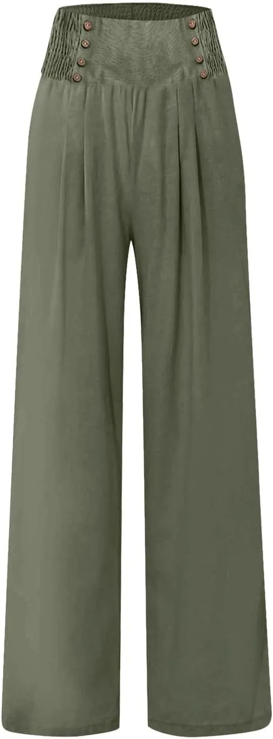 Womens Wide Leg Linen Pants High Waist Summer Casual Baggy Lounge Slacks Lightweight Beach Boho Trousers with Pockets