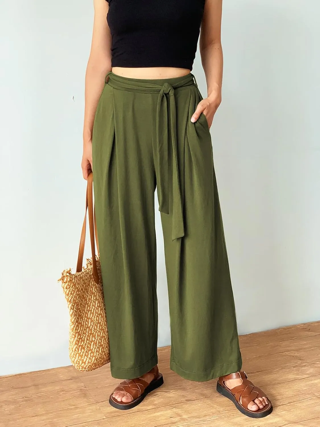 Women's Wide Leg Pants High Waisted Adjustable Tie Knot Yoga Sweatpants Comfy Lounge Pajama Flowy Pants Pockets
