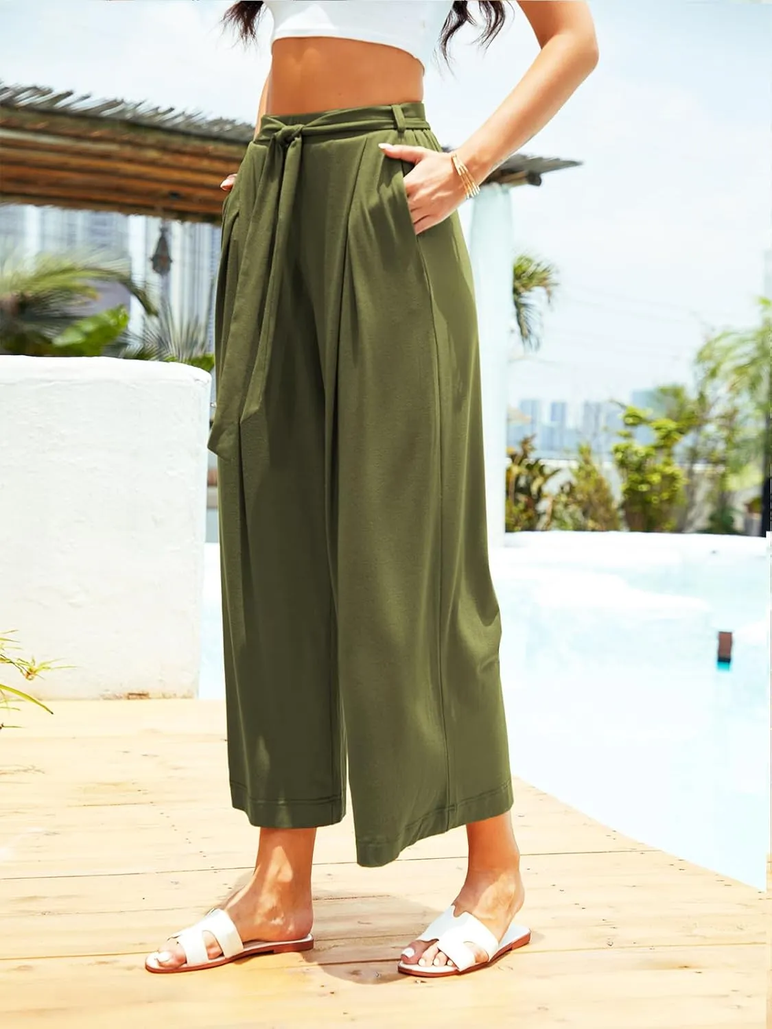 Women's Wide Leg Pants High Waisted Adjustable Tie Knot Yoga Sweatpants Comfy Lounge Pajama Flowy Pants Pockets