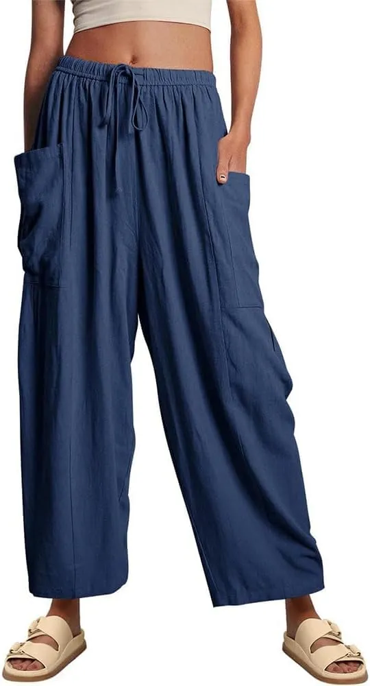 Womens Wide Leg Pants Solid Color Casual Loose Fit Flowy Elastic Harem Pants with Pockets Summer Beach Vacation
