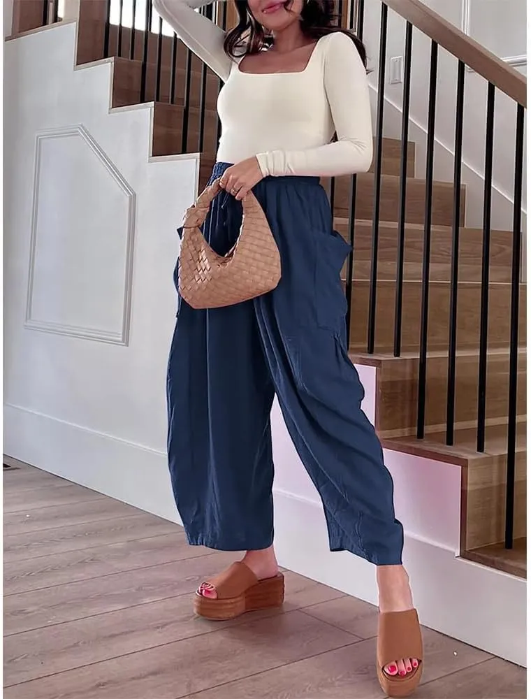 Womens Wide Leg Pants Solid Color Casual Loose Fit Flowy Elastic Harem Pants with Pockets Summer Beach Vacation