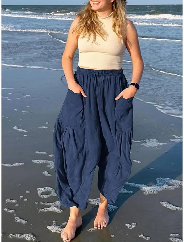 Womens Wide Leg Pants Solid Color Casual Loose Fit Flowy Elastic Harem Pants with Pockets Summer Beach Vacation
