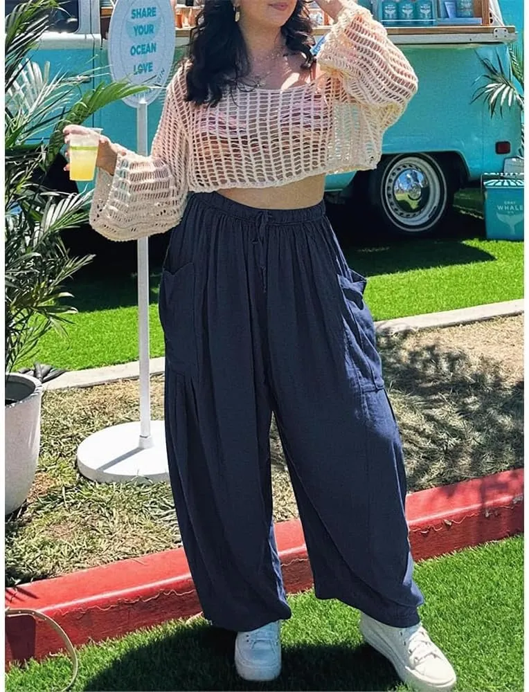 Womens Wide Leg Pants Solid Color Casual Loose Fit Flowy Elastic Harem Pants with Pockets Summer Beach Vacation