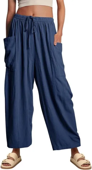 Womens Wide Leg Pants Solid Color Casual Loose Fit Flowy Elastic Harem Pants with Pockets Summer Beach Vacation