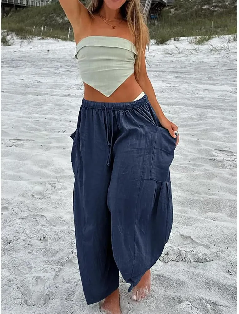 Womens Wide Leg Pants Solid Color Casual Loose Fit Flowy Elastic Harem Pants with Pockets Summer Beach Vacation