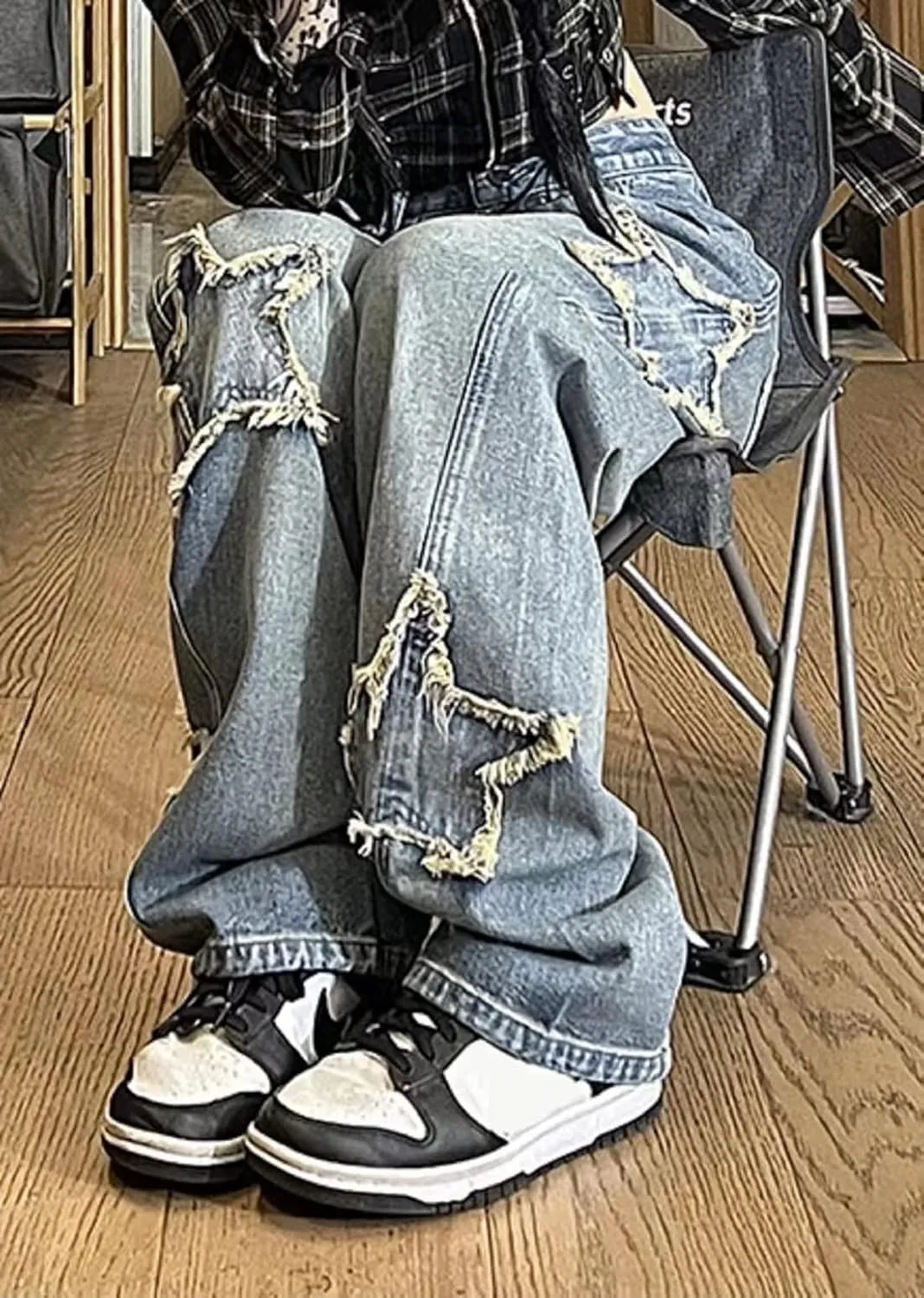 Womens Y2K Baggy Jeans Star Patchwork High Waist Teen Girls Vintage Grunge Straight Leg Denim