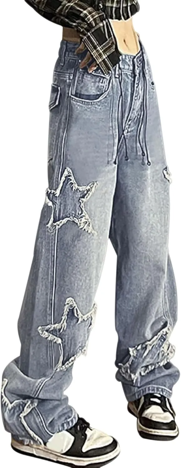 Womens Y2K Baggy Jeans Star Patchwork High Waist Teen Girls Vintage Grunge Straight Leg Denim