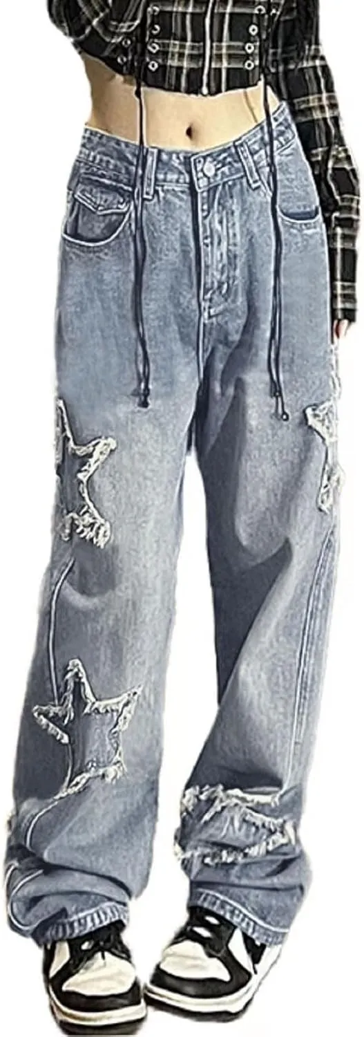 Womens Y2K Baggy Jeans Star Patchwork High Waist Teen Girls Vintage Grunge Straight Leg Denim
