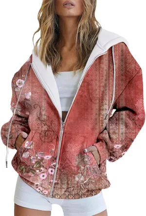 Womens Zip Up Hoodies Vintage Oversized Hoodie Floral Printed Long Sleeve Tops Trendy Sport Cloth with Pockets