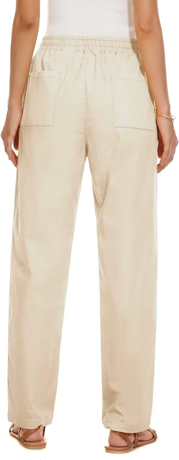 YOCUR Womens Casual Elastic High Waisted Work Pants Cotton Straight Leg Drawstring Trousers