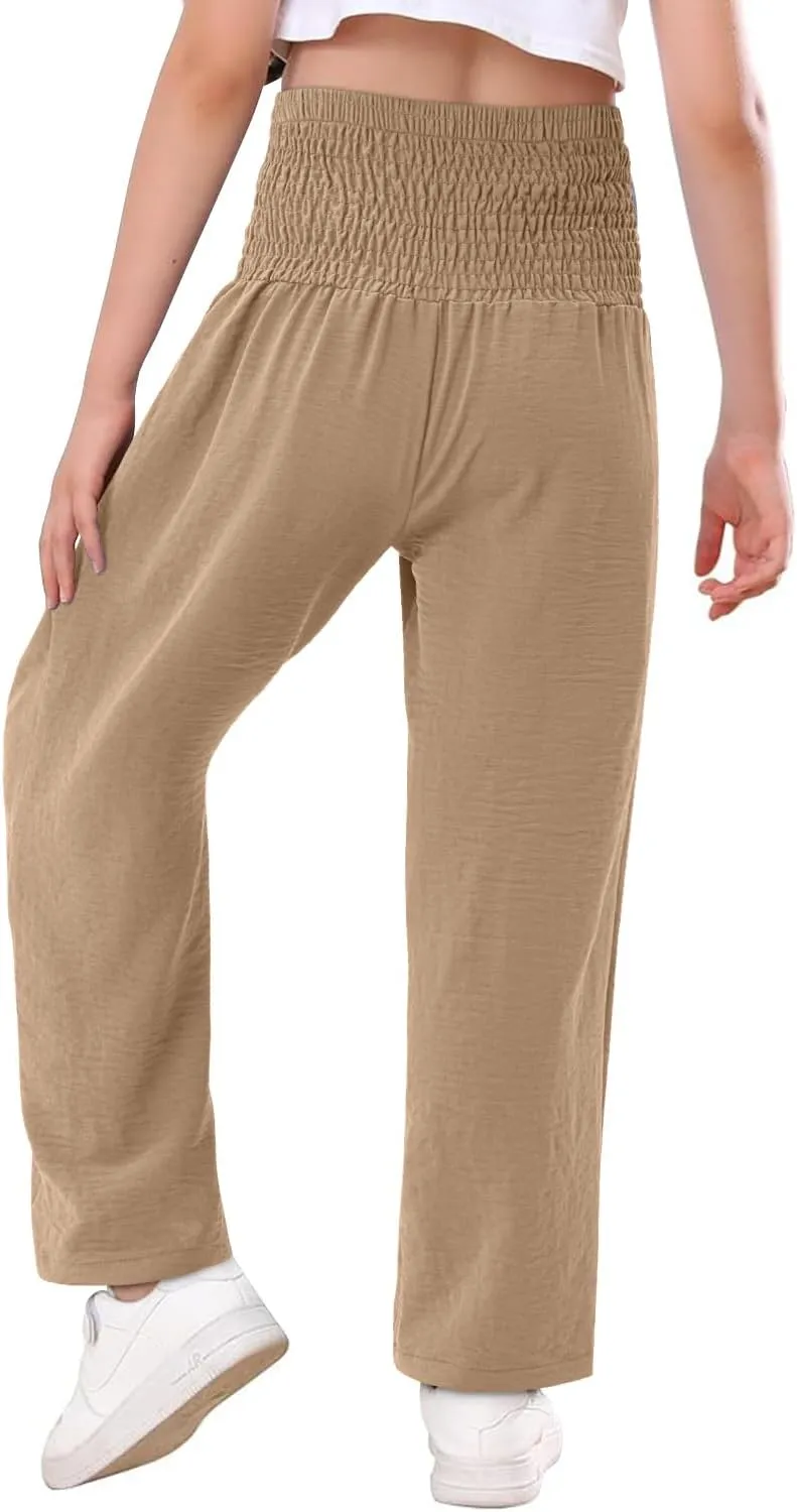 Yoklass Girls Pants Casual Smocked High Waist Pant Loose Wide Leg Long Trousers 4-14 Years
