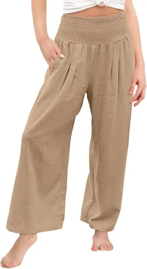 Yoklass Girls Pants Casual Smocked High Waist Pant Loose Wide Leg Long Trousers 4-14 Years