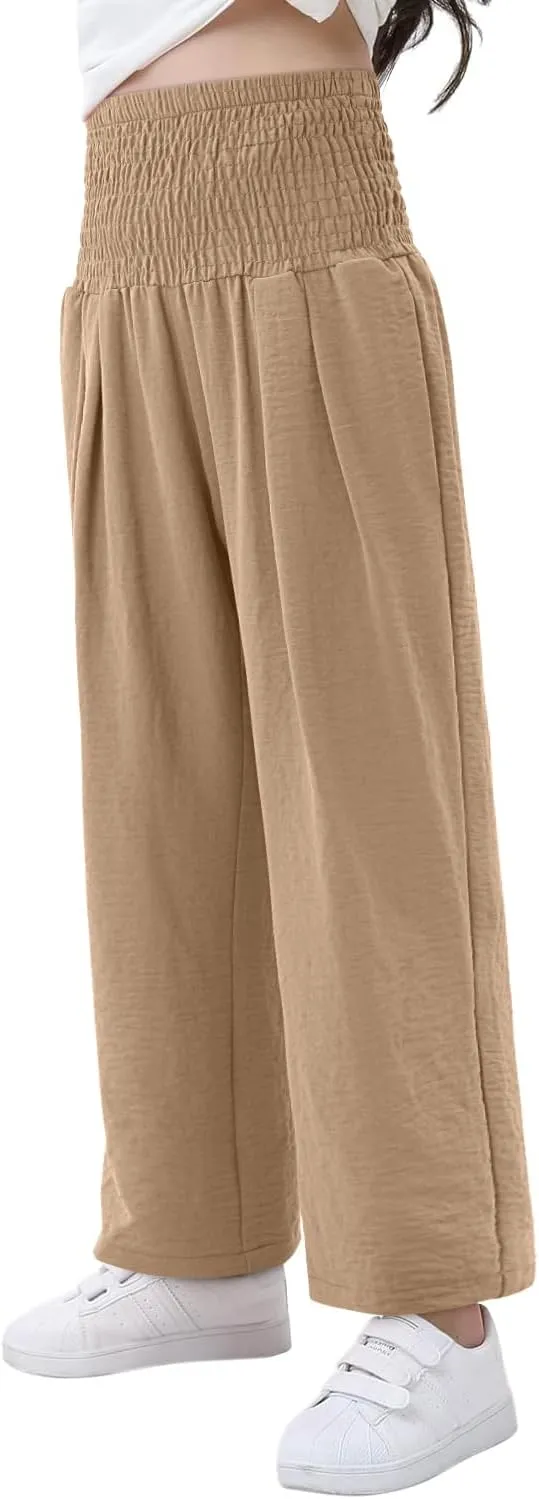 Yoklass Girls Pants Casual Smocked High Waist Pant Loose Wide Leg Long Trousers 4-14 Years