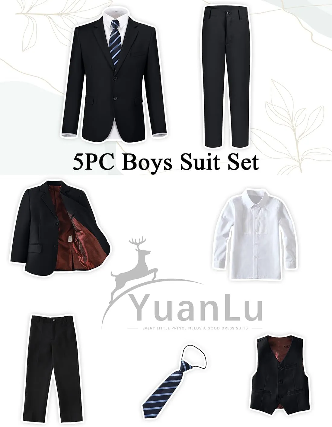 YuanLu Boys Suit for Kids Tuxedo Wedding Ring Bearer Outfit Boy Formal Suits 5 Piece Slim Fit Dresswear Suit Set