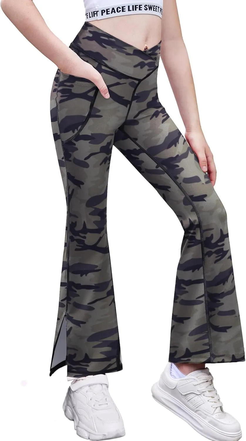 Zaclotre Girls' Flare Leggings with Split Hem Cross High Waist Yoga Bootcut Athletic Kid Bell Bottom Pants with Pockets