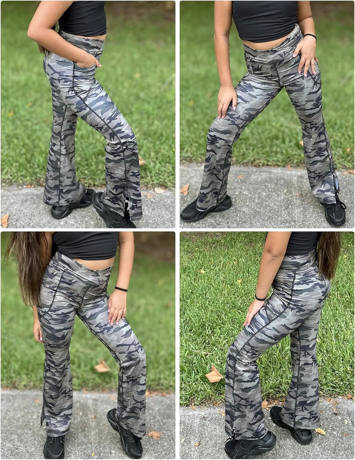 Zaclotre Girls' Flare Leggings with Split Hem Cross High Waist Yoga Bootcut Athletic Kid Bell Bottom Pants with Pockets