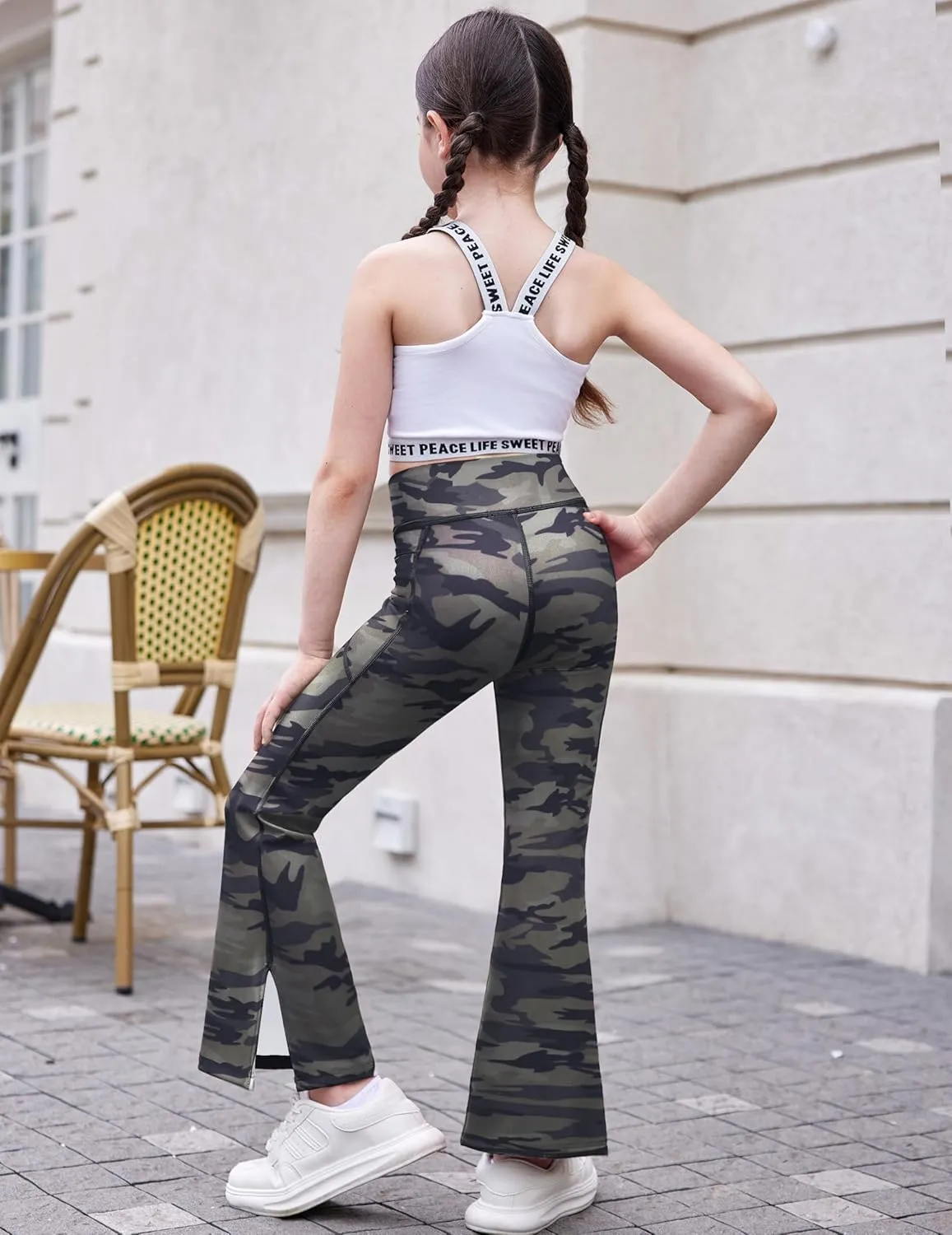 Zaclotre Girls' Flare Leggings with Split Hem Cross High Waist Yoga Bootcut Athletic Kid Bell Bottom Pants with Pockets