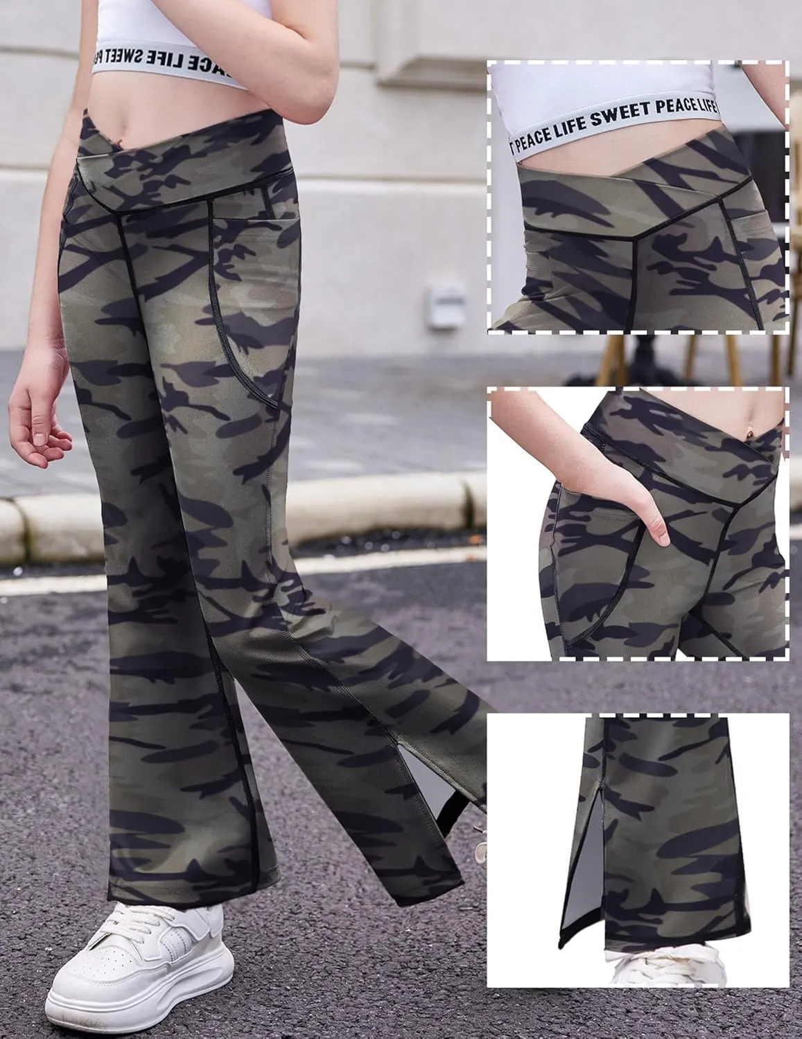 Zaclotre Girls' Flare Leggings with Split Hem Cross High Waist Yoga Bootcut Athletic Kid Bell Bottom Pants with Pockets